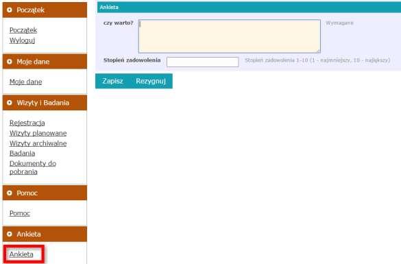 12. Ankieta W zakładce Ankieta użytkownik może wyrazić swoją opinię wypełniając formularz ankiety. Wygląd ankiety zależny jest od konfiguracji i potrzeb placówki.