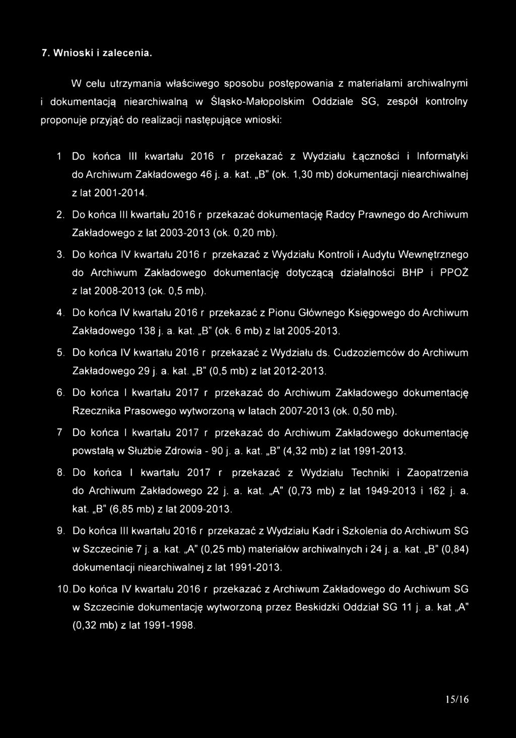 następujące wnioski: 1 Do końca III kwartału 2016 r przekazać z Wydziału Łączności i Informatyki do Archiwum Zakładowego 46 j. a. kat. B (ok. 1,30 mb) dokumentacji niearchiwalnej z lat 2001-2014. 2. Do końca III kwartału 2016 r przekazać dokumentację Radcy Prawnego do Archiwum Zakładowego z lat 2003-2013 (ok.