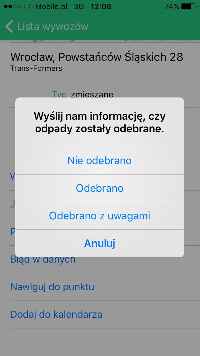 FUNKCJE POZYCJI LISTY WYWOZÓW Wyślij informację o odbiorze funkcja umożliwia przesłanie do gminy informacji o nieprawidłowościach procesu zbiórki odpadów.