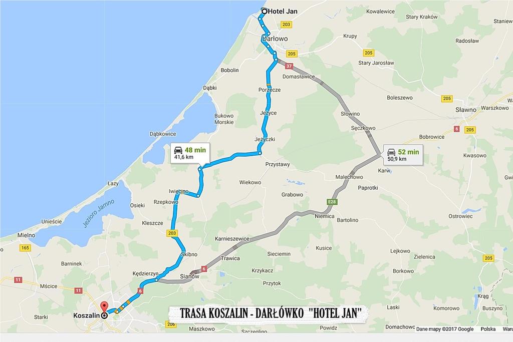 Trasa Koszalin Darłowo - Darłówko ( holtel Jan ) 2. Pociągiem: Do Sławna (32 km) lub Koszalina (37 km). 3. Samolotem: a) lotnisko w Szczecinie (200 km), b) lotnisko w Gdańsku (190 km). 4.