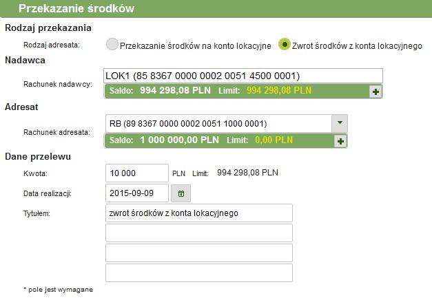 W celu dokończenia operacji należy dokonać podpisu elektronicznego zgodnie z punktem 3.1 niniejszego przewodnika. Rys. 55: Formularz przekazania środków 3.4.3.2.