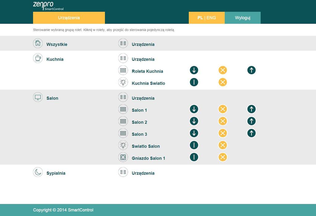 Grupami roletami sterujemy za pomocą przycisków Góra Stop Dół. Po kliknięciu przycisku Rolety w danej grupie rozwija się menu z dostępem do poszczególnych rolet w grupach. 6.