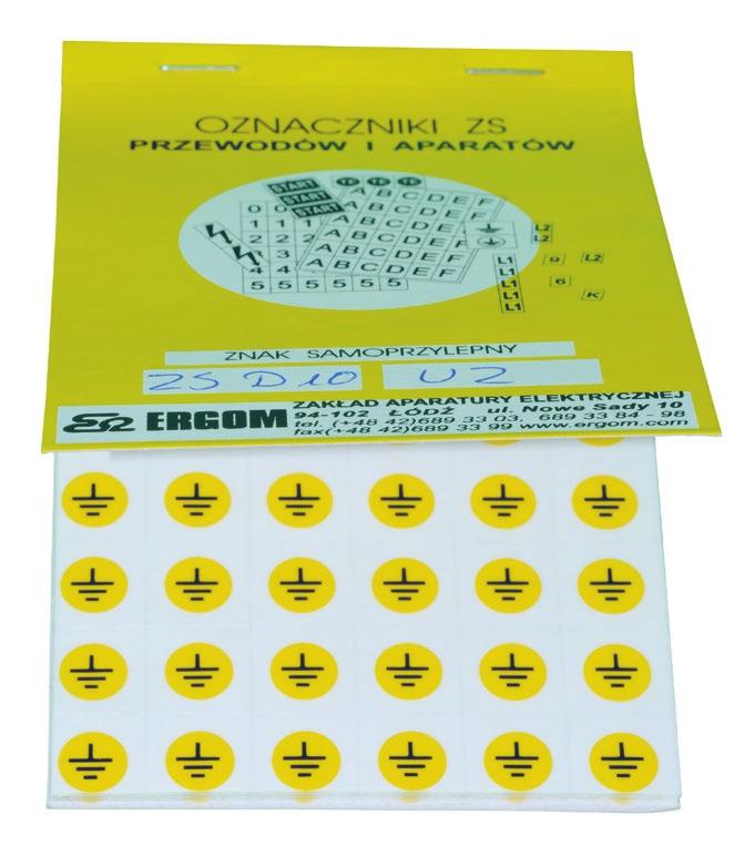 Znaki samoprzylepne typu ZS D 10 wg DIN 40009, DIN 40011 oraz IEC Typ rt. nr Oznaczniki Liczba ozn. na 1 tabl. [szt.