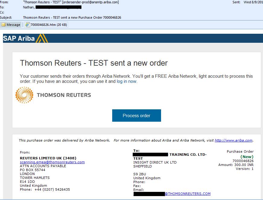1 Zlokalizuj i otwórz oryginał powiadomienia o zamówieniu zakupu w wiadomości e-mail (Jeżeli masz kilka ZZ od Thomson Reuters, upewnij się, że wybierasz właściwą wiadomość e-mail z ZZ) 1, Kliknij