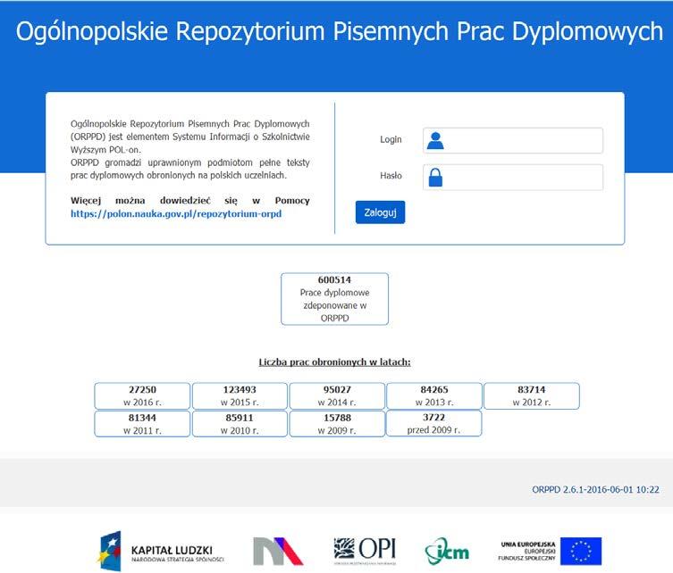 OGÓLNOPOLSKIE REPOZYTORIUM PISEMNYCH PRAC DYPLOMOWYCH (ORPPD) ORPPD jest jednym z modułów Zintegrowanego Systemu Informacji o Nauce i Szkolnictwie Wyższym POL-on i podlega MNiSW.