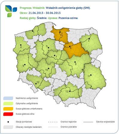 Warunki uwilgotnienia gleby Ocena warunków uwilgotnienia gleby dokonywana jest na podstawie wartości wskaźnika uwilgotnienia gleby SMI (Soil Moisture Index) [Hunt i in.