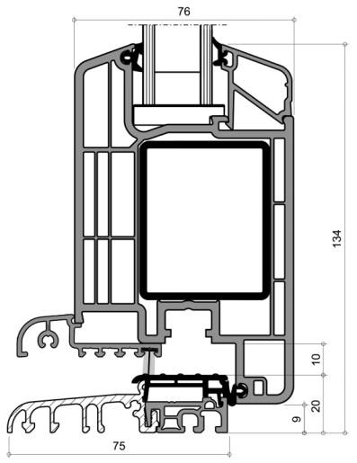 Drzwi wejściowe Prestige - Szerokość zabudowy 76 mm - 5 komór - Wysokość złożenia 134 mm - Izolacyjność cieplna profilu Rama / Skrzydło U f = 1,5 W/(m 2