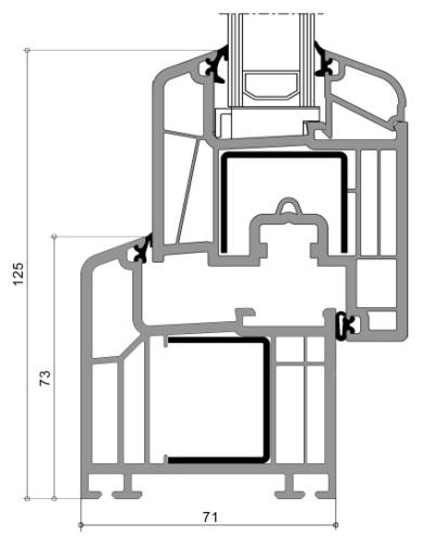 Izolacyjność cieplna profilu U f = 1,2 W/(m 2 K) - Szerokość szklenia 24-40 mm - Wzmocnienie stalowe: - profile białe - 1,5 mm, - Opcjonalnie wzmocnienie NAZ 65 umożliwiające wykonywanie dużych