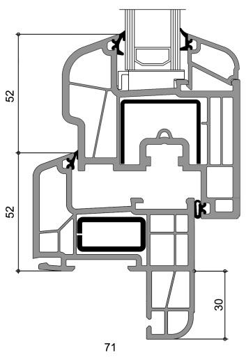 Wysokość złożenia 104 mm - Izolacyjność cieplna profilu U f = 1,2 W/(m 2 K) - Szerokość szklenia 24-40 mm - Zamknięte wzmocnienie stalowe w ramie - Wzmocnienie stalowe: - profile