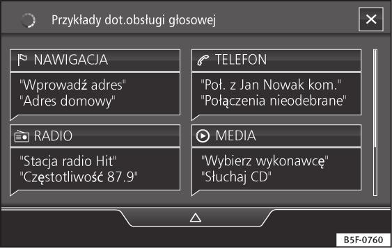 Wstęp Sterowanie głosem Funkcje Rys. 8 Sterowanie głosem: Ekran główny (model: Navi System) Liczne funkcje radia, mediów, telefonu i nawigacji można aktywować poleceniami głosowymi.