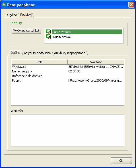 W głównym oknie, w polu Szczegóły podpisu znajdują się