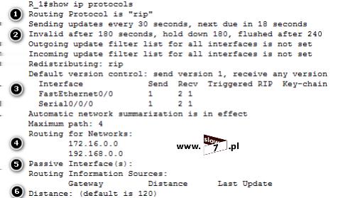 17 (Pobrane z slow7.pl) Po wydaniu tego polecenia uzyskamy informację o: 1. uruchomionym protokole routingu, 2. ustawionych taimerach i wysyłanych aktualizacjach, 3.