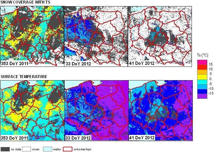 PRODUKTY PODSTAWOWE Mapy temperatury powierzchni i pokrywy śnieżnej: dostarczane są w okresie przymrozków i zalegania pokrywy śniegu, celem