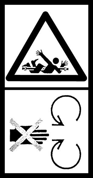 Znak informujący o zagrożeniu mechanicznym obcięcia palców dłoni lub stopy przez wirujące noże kosiarki oraz o sposobie uniknięcia zagrożenia poprzez zachowanie bezpiecznej odległości od strefy noży