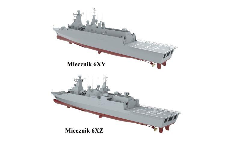 Porównanie sylwetki bocznej projektu okrętu obrony wybrzeża 6XY Miecznik i 6XZ Miecznik fot. BTT Systems Zmieniony został również kształt kadłuba okrętu.