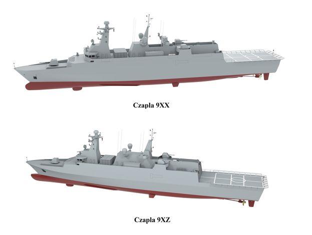 Porównanie sylwetki bocznej projektu okrętu patrolowego 9XX Czapla i 9XZ Czapla fot. BTT Systems System obserwacji technicznej ma posiadać m.in.