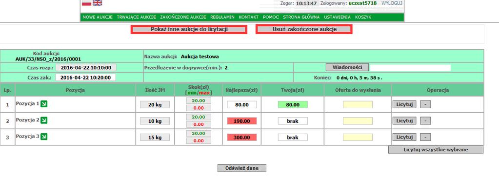 Jeżeli w tym samym czasie rozpoczną się inne aukcje, które wcześniej nie były dodane do koszyka, można wybrać przycisk Pokaż inne rozpoczęte aukcje - spowoduje to dodanie nowych aukcji do których