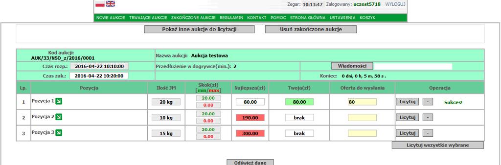 Przeprowadzane aukcje mogą mieć ustawiony parametr dogrywki (zwykle 2 minuty).