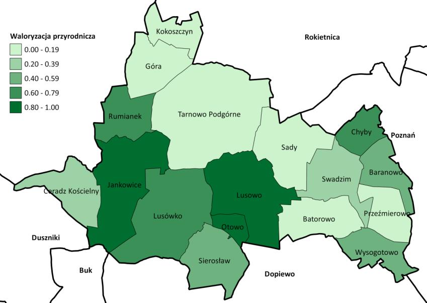 Wschodnia część gminy Tarnowo Podgórne charakteryzuje się wysokim wskaźnikiem gęstości sieci drogowej, którego wartość sukcesywnie spada wraz ze wzrostem odległości od Poznania.