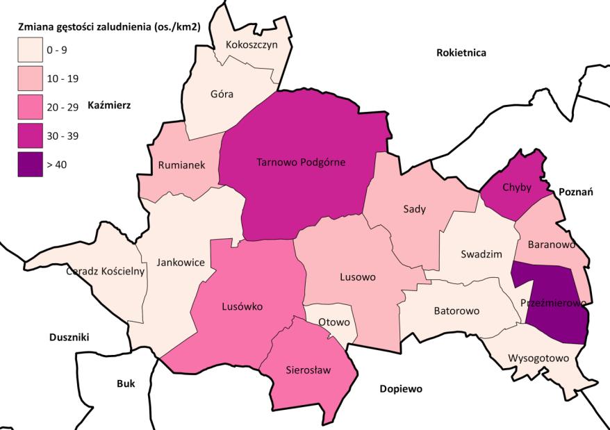 Średnia gęstość dróg gminy Tarnowo Podgórne to blisko 3,39 km/km 2. W porównaniu do innych regionów kraju jest to wartość stosunkowo wysoka.