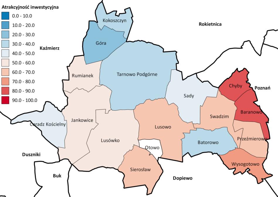 Rys. 5. Mapa atrakcyjności inwestycyjnej gminy Tarnowo Podgórne Fig. 5. Map of investment attractiveness of Tarnowo Podgórne community sieci drogowej i wysokimi walorami przyrodniczymi.