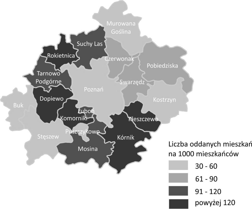 88 Tomasz Kaczmarek W najbardziej intensywnie rozwijających się pod względem mieszkaniowym gminach takich, jak Komorniki, Swarzędz, Dopiewo powstało w latach 2005 2014 ponad 4 tys.