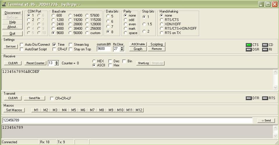 IMiO PW, LPTM, Ćwiczenie 6, Komunikacja z komputerem -8-7. Program terminala portu RS - 232 Do obsługi komputerowego portu RS - 232 należy użyć programu terminala.