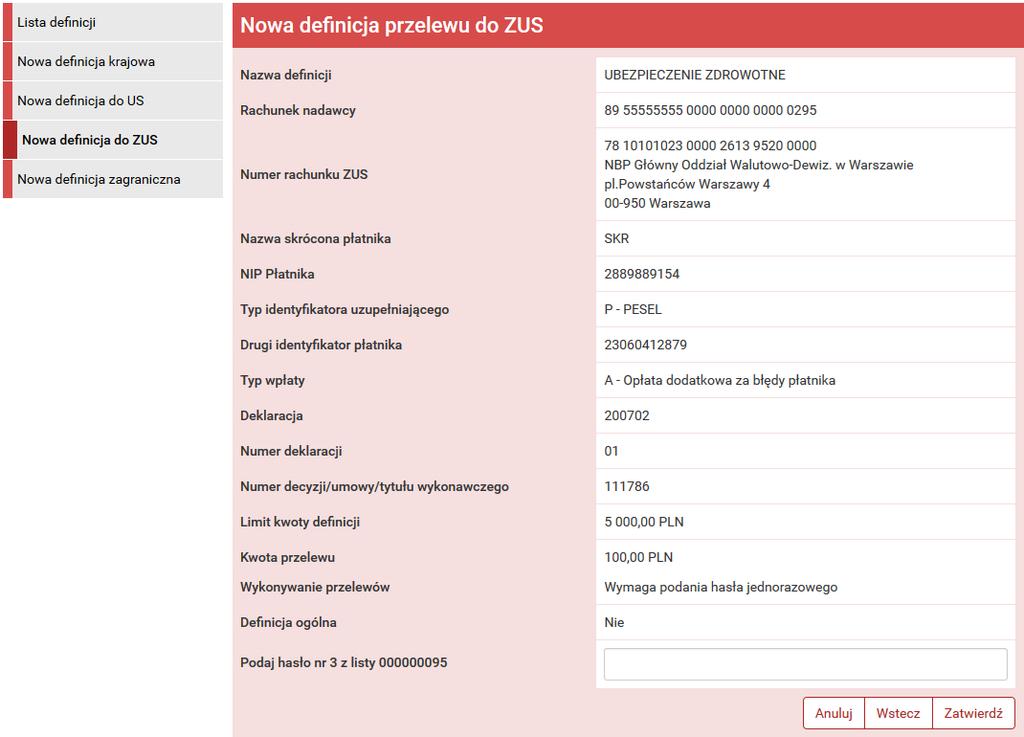 104 Definicje Rysunek 11.18: Nowa definicja przelewu do ZUS - podsumowanie Następnie na liście należy odszukać żądaną definicję i kliknąć belkę, na której się znajduje.