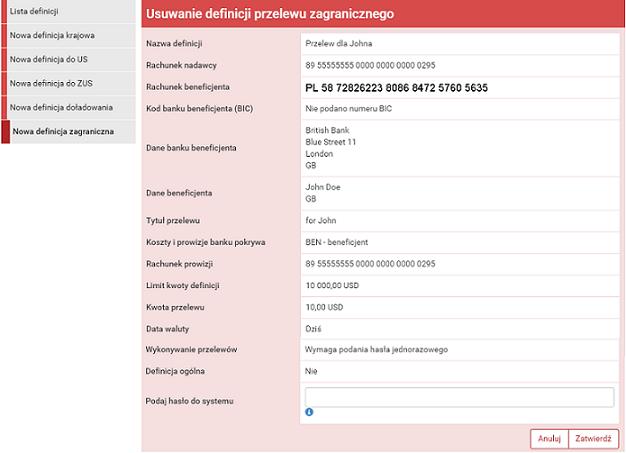 11.7 Definicje Doładowań 123 Rysunek 11.36: Usuwanie definicji przelewu zagranicznego 11.7.1 Wprowadzenie do definicji doładowań Po wybraniu modułu Definicje z Menu głównego, zostanie wyświetlona lista wszystkich stworzonych definicji przelewów, w tym doładowań.