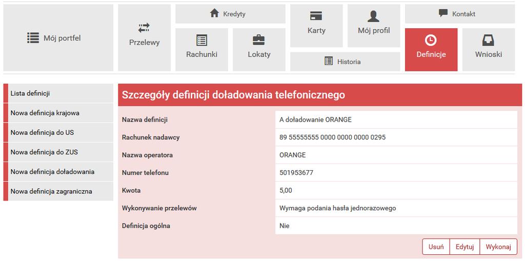 11.7 Definicje Doładowań 125 Rysunek 11.38: Detale definicji doładowania gdy wykonujemy doładowania do tych samych odbiorców z wielu różnych rachunków.