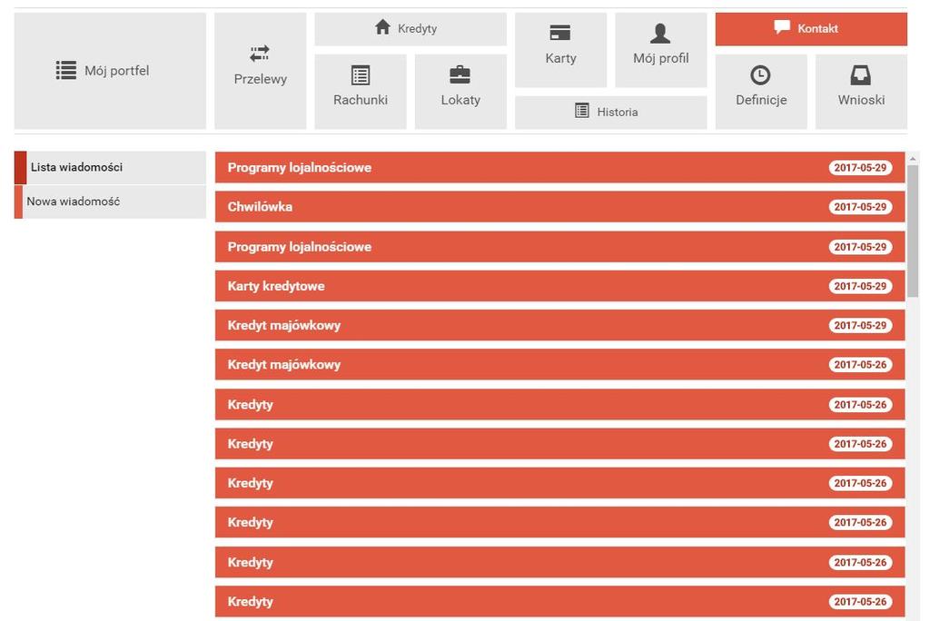 140 Komunikator 14.1 Lista wiadomości Lista wiadomości zawiera wszystkie wiadomości wymienione przez użytkownika z bankiem, a także komunikaty wysłane przez bank (rys.14.3).