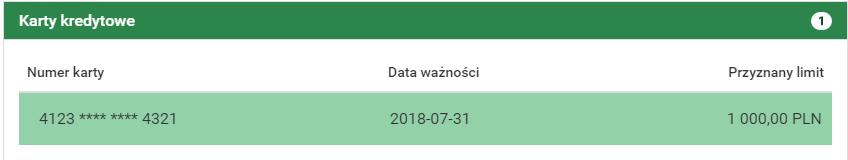 3.2 Informacja o wszystkich produktach 15 3.2.4 Karty kredytowe Rysunek 3.5: Belka Kredyty Belka Karty kredytowe pokazuje nam wszystkie karty kredytowe, do kutych masz uprawnienia.