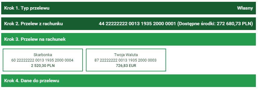 22 Przelewy zostaje przekierowany do kroku trzeciego o nazwie Przelew na rachunek w którym wybiera rachunek adresata 4.8.