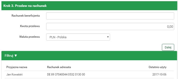 4.1 Nowy przelew 25 Rysunek 4.13: Wykonanie przelewu zagranicznego krok 3 Rachunek adresata można wybrać z istniejącej listy adresatów lista adresatów została opisana w rozdziale 4.