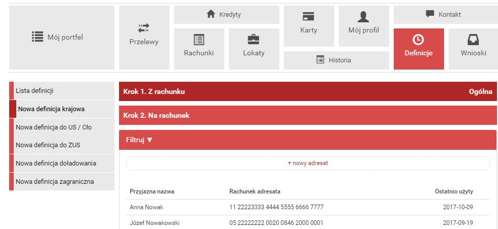 36 Przelewy jest dostępna w trzecim kroku przelewu/drugim kroku definicji krajowej lub zagranicznej, lub zlecenia stałego, pozwalając użytkownikowi jednym kliknięciem uzupełnić pola