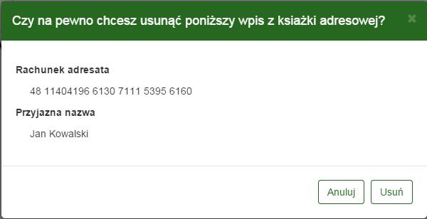 4.3 Oczekujące 39 Rysunek 4.33: Usuwanie adresata jeszcze zaksięgowane, mogą to być zlecenia stałe, przelewy z datą w przód itp.