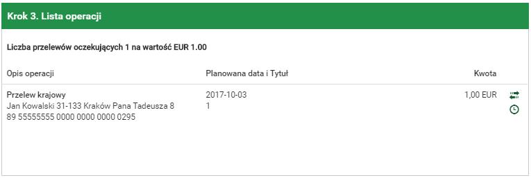 40 Przelewy Rysunek 4.35: Operacje oczekujące krok 3 Planowana data i Tytuł znajduje się tu powtórzone informacje o rodzaju przelewu, oraz data, na która przelew miałby być zrealizowany.