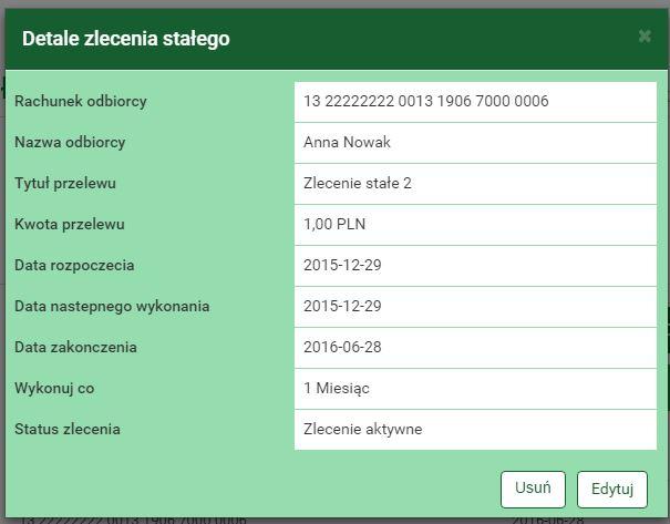 46 Przelewy Rysunek 4.43: Szczegóły zlecenia stałego edycji zlecenia o nazwie Dane zlecenia (rys. 4.47).