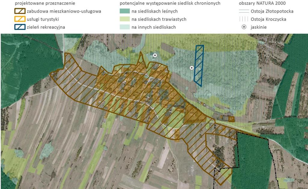 Rysunek 27 Lokalizacja terenów inwestycyjnych na tle szaty roślinnej Łutowiec źródło: opracowanie własne na podstawie SWDE, ortofotomapy i danych GDOŚ Mirów W Mirowie jako potencjalne zagrożenie