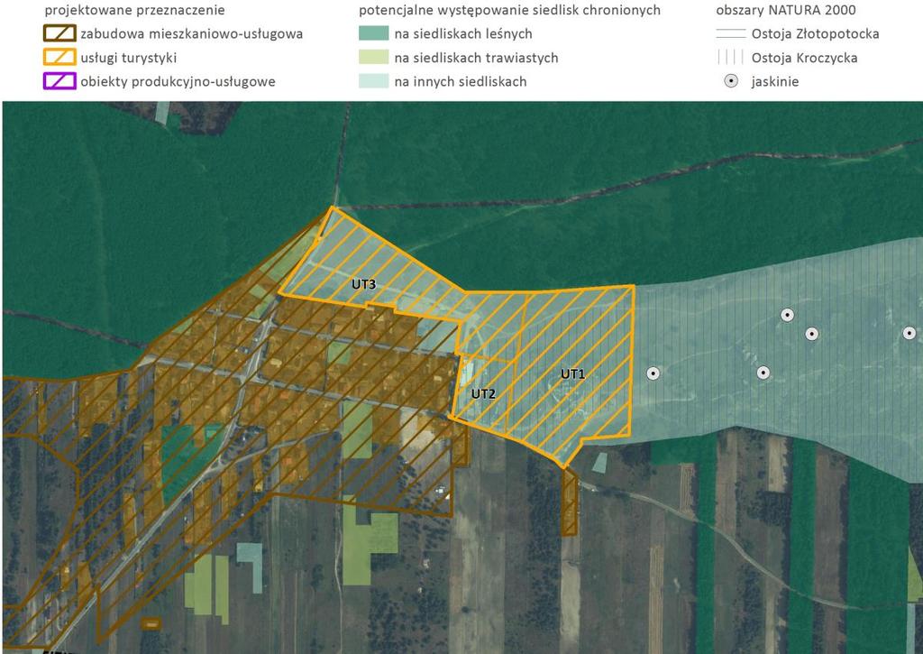 Rysunek 28 Lokalizacja terenów inwestycyjnych na tle szaty roślinnej Mirów źródło: opracowanie własne na podstawie SWDE, ortofotomapy i danych GDOŚ Trzebniów W Trzebniowie przewiduje się powstanie