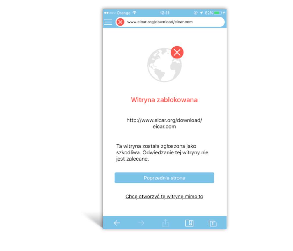 Wygląd przykładowego komunikatu, podczas wykrycia zagrożenia pochodzącego z odwiedzanej strony internetowej.