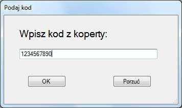 5. Po uruchomieniu aplikacji, w okienku Podaj kod wprowadzamy kod z koperty otrzymanej od Komisji egzaminacyjnej i zatwierdzamy go