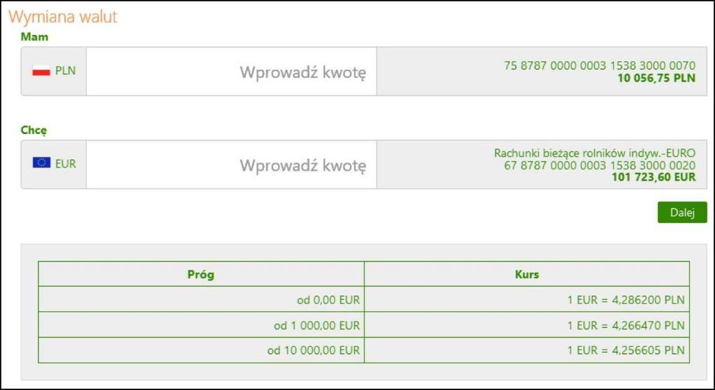 W oknie tym może zobaczyć także ewentualne dodatkowe opłaty (np. przewidywaną prowizję). W przypadku błędów można powrócić do edycji danych przyciskiem Anuluj.