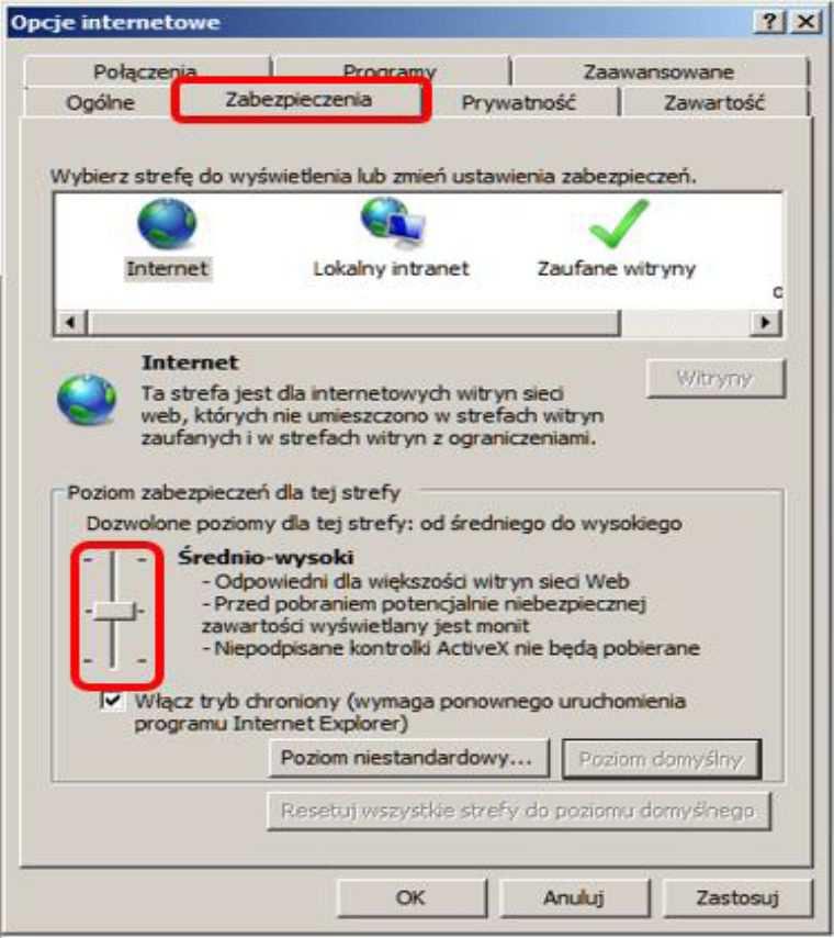 O W zakładce [Zabezpieczenia] dla strefy Internet należy ustawić poziom zabezpieczeń na [Średnio-wysoki] - tak, aby obsługa skryptów Java była możliwa; O W zakładce [Zawartość] w opcji
