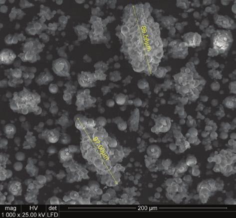 o mocy 60 W Fig. 2. The SEM images of particles of ceramic dust eroded during engraving process of ceramic tile using CO 2 laser of 60 W laser power Rys. 4.