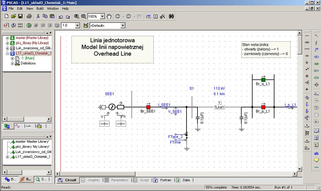 Program PSCAD/EMTDC jako wygodne narzędzie do modelowania 33 w sposób graficzny pozwala na zaprojektowanie obwodu elektrycznego, zadanie odpowiednich parametrów oraz przeprowadzenie symulacji zjawisk
