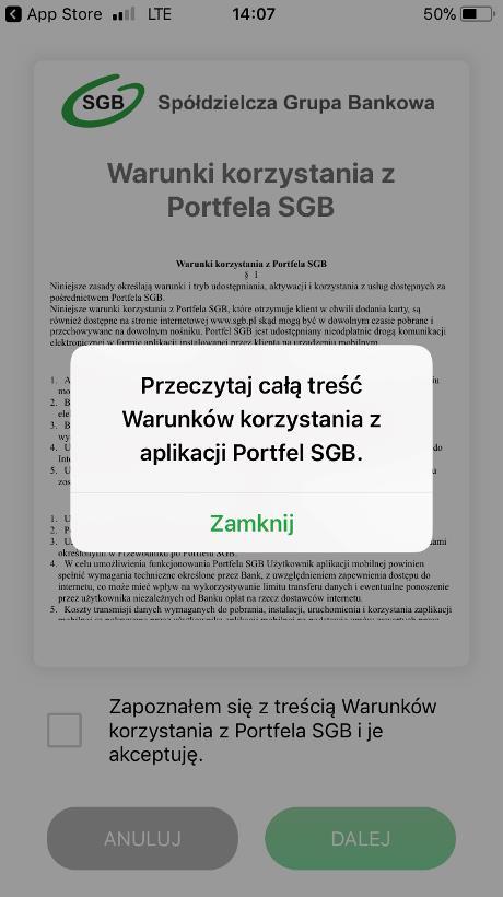 Rozdział VIII Aktywacja aplikacji Portfel SGB poprzez dodanie do aplikacji tradycyjnej karty płatniczej system ios 1.