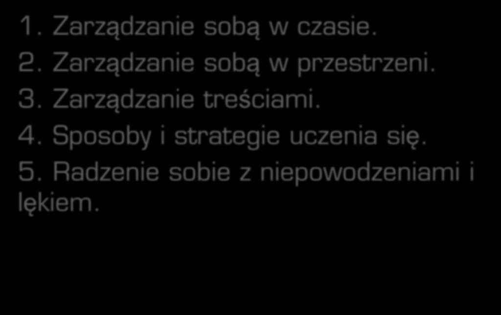 Treści rozwijające umiejętność uczenia się 1. Zarządzanie sobą w czasie. 2. Zarządzanie sobą w przestrzeni.