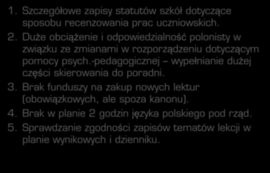 1. Szczegółowe zapisy statutów szkół dotyczące sposobu recenzowania prac uczniowskich. 2. Duże obciążenie i odpowiedzialność polonisty w związku ze zmianami w rozporządzeniu dotyczącym pomocy psych.