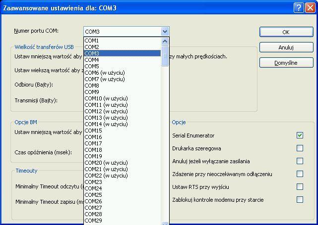 5. Jeśli system przypisał nam port COM większy niż 4 (COM5, COM7, COM12 itp.) należy zmienić numer tego portu. Najlepiej gdy będzie to port COM1.